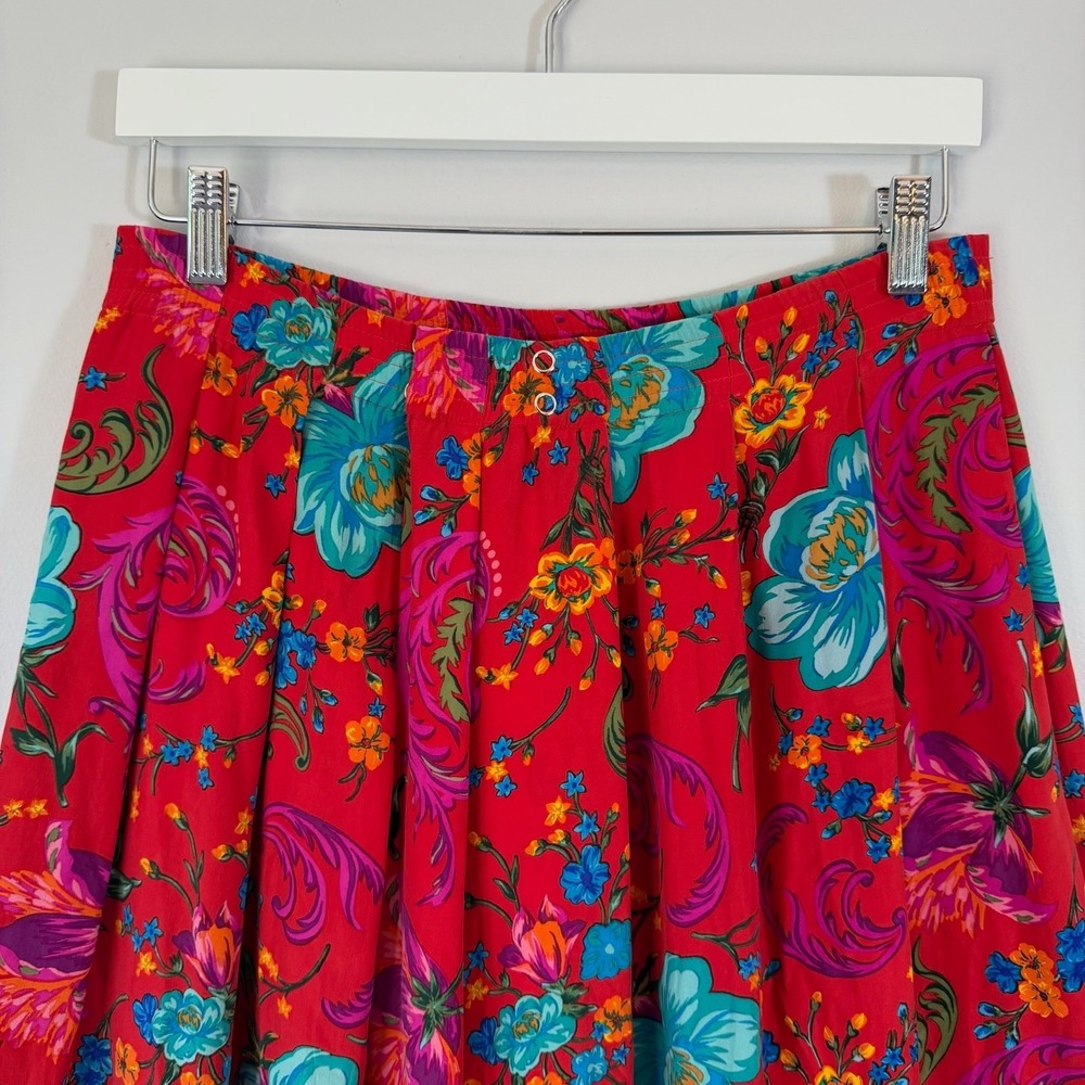 Vintage Red Silk Skirt 90s Pleated Floral Midi Tropical Beach Resort Dopamine M - Picture 2 of 4